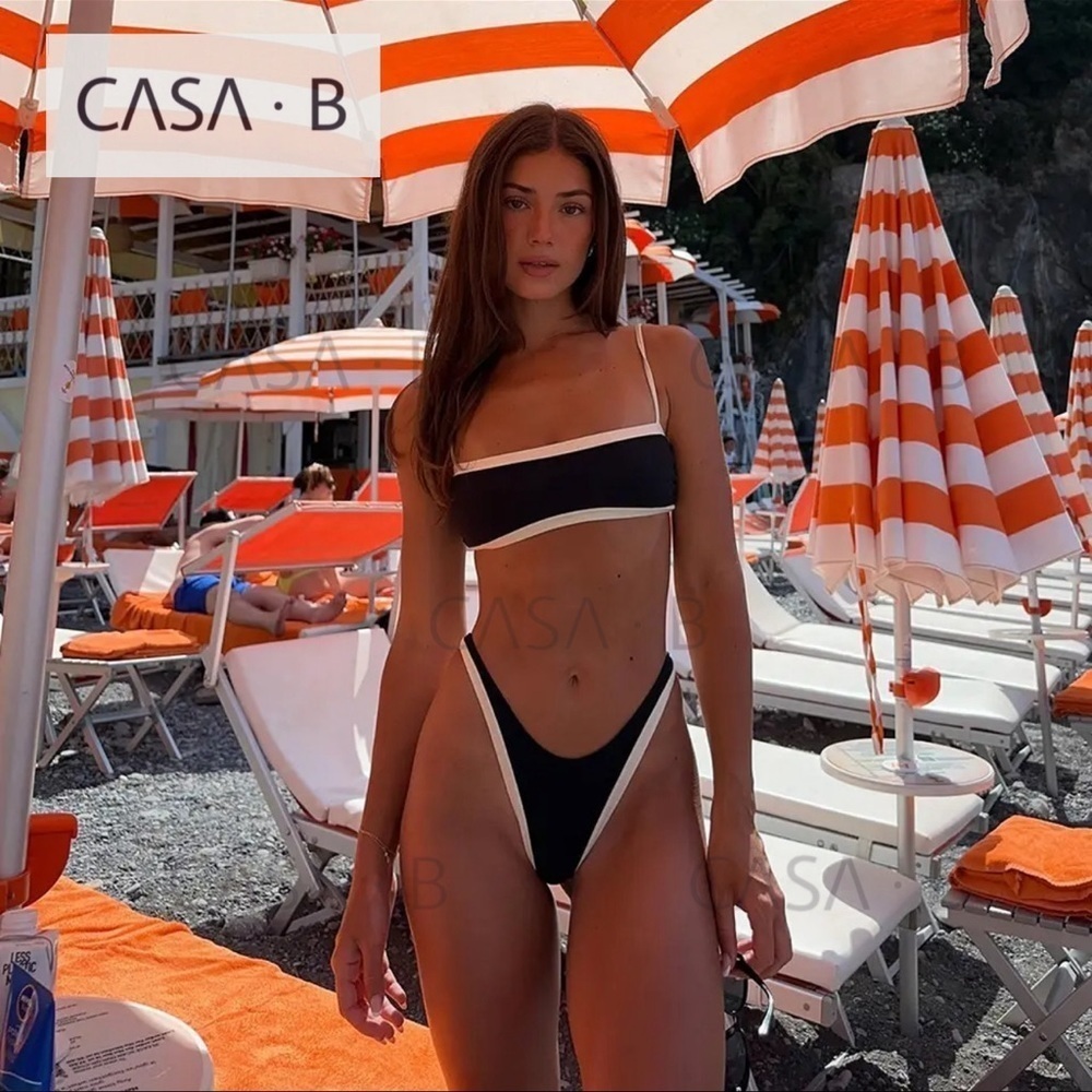NEW to CASA B💫| Jenna Bandeau Black & White Color-Block Solid Swim Bikini Set